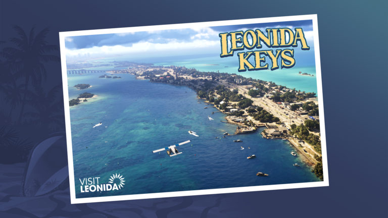 Вид на побережье Leonida Keys с бирюзовой водой, мостами, дорогами и лодками, надписью Leonida Keys и Visit Leonida.