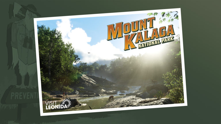 Пейзаж национального парка Mount Kalaga с густым лесом, рекой, оленем у воды и солнечными лучами сквозь деревья. Надпись Visit Leonida и логотип парка.