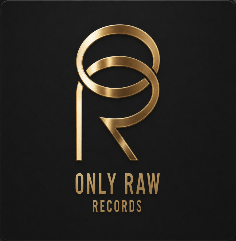 Логотип Only Raw Records с золотыми буквами на черном фоне, стилизованная монограмма ORR, надпись Only Raw Records.