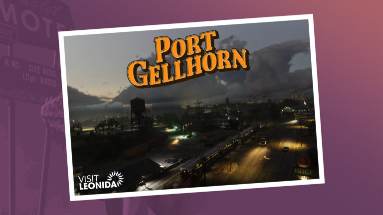 Вечерний вид на город Port Gellhorn с железнодорожной станцией, освещёнными улицами и промышленными объектами на горизонте. На переднем плане виден поезд, а в небе нависают тёмные облака. В левом нижнем углу надпись Visit Leonida. Ключевая фраза: Port Gellhorn.