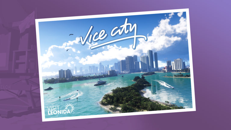 Панорамный вид на современный город Vice City с высотными зданиями, яхтами и катерами на бирюзовой воде, зелёными островами и надписью Visit Leonida.