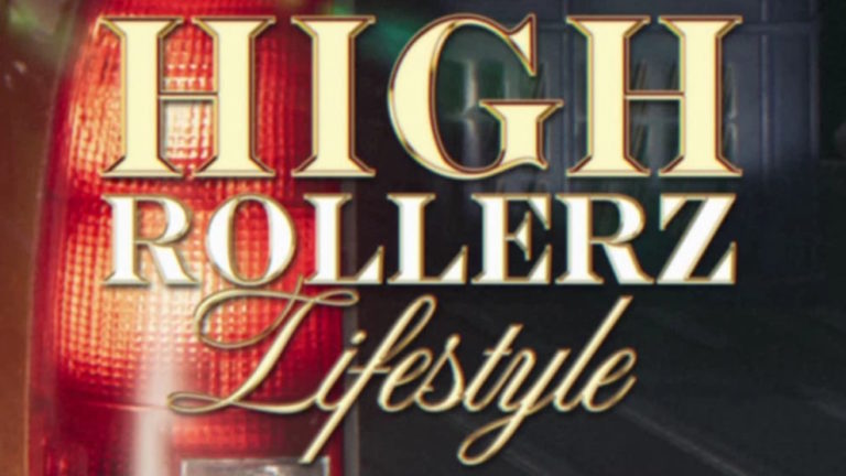 Текст High Rollerz Lifestyle крупно на фоне заднего фонаря автомобиля, стильный шрифт, акцент на роскошном образе жизни.