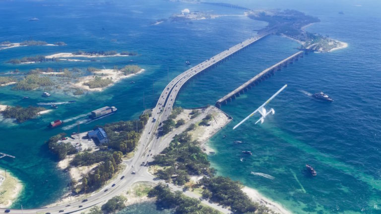 Мост через лазурное море соединяет острова, по мосту движутся автомобили, рядом пролетают самолёты и плавают яхты. Ключевая фраза: мост через лазурное море.