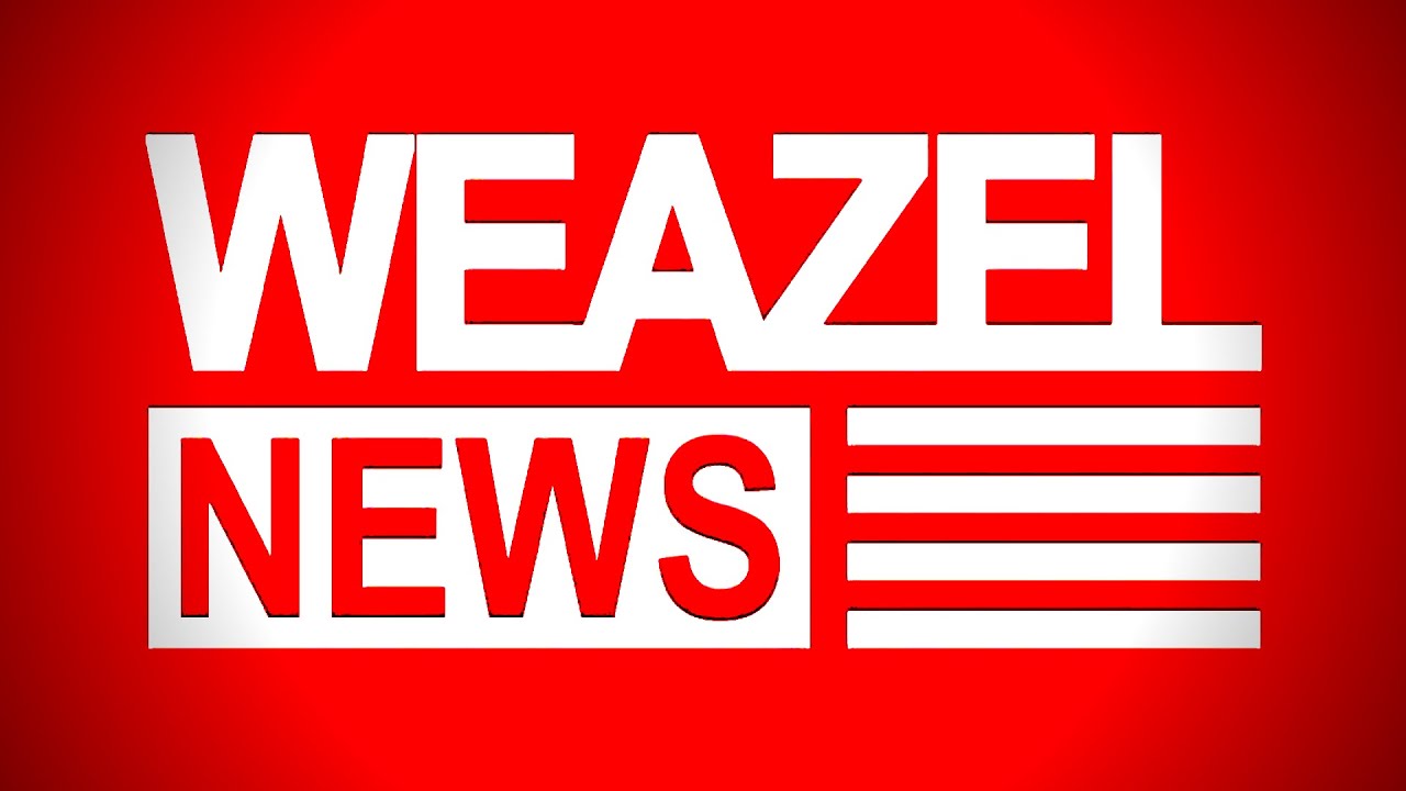Логотип Weazel News на ярко-красном фоне с крупными белыми буквами и горизонтальными полосами справа от слова NEWS. Дизайн выполнен в стиле новостных телеканалов, что подчеркивает тематику новостей и информации. Ключевая фраза: логотип Weazel News. Изображение выглядит современно и привлекает внимание благодаря контрасту цветов и четким линиям.