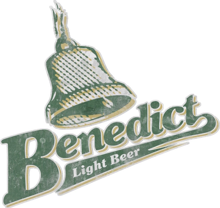 Логотип пива Benedict Light Beer с изображением колокола и стилизованным текстом на винтажном фоне. Ключевая фраза: Benedict Light Beer.