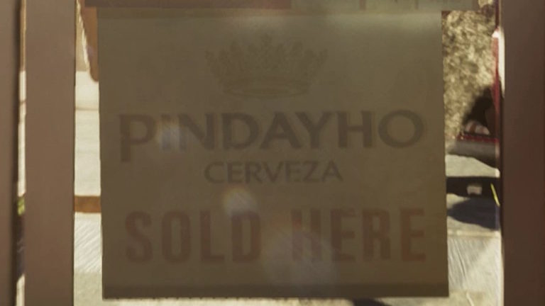 Вывеска с надписью Pindayho Cerveza Sold Here, изображение слегка размытое, солнечные блики, уличная сцена.
