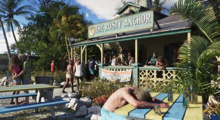 Летний день у бара The Rusty Anchor: люди отдыхают, общаются, пьют напитки, пара целуется, мужчина спит за столом, вокруг пальмы и зелень.