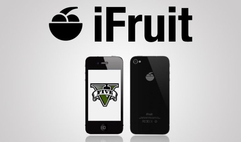 Логотип iFruit и два черных смартфона с логотипом iFruit, на экране одного из них изображен логотип GTA V. Ключевая фраза: iFruit GTA V.