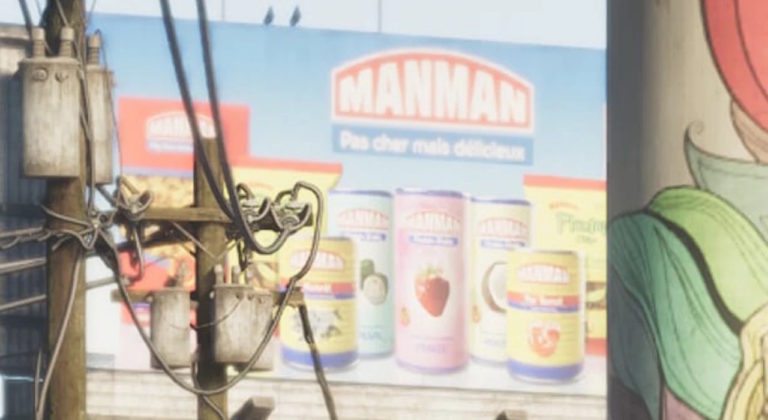 Рекламный щит с продуктами бренда MANMAN, надпись на французском: Pas cher mais délicieux. На переднем плане электропровода и столб.