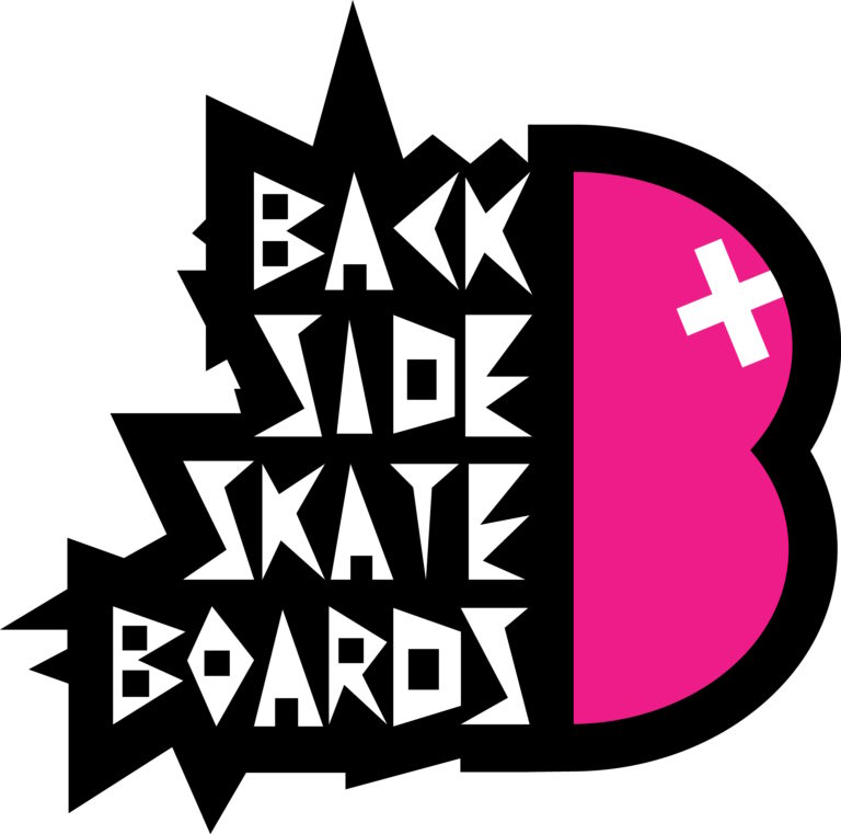 Логотип Backside Skateboards с крупной буквой B, разделённой пополам, левая часть чёрная с белыми буквами, правая — розовая с белым крестом. Геометрические острые формы и яркие цвета подчёркивают стиль уличной культуры и скейтбординга.