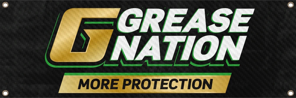 Баннер с надписью Grease Nation и слоганом More Protection на черном фоне с золотыми и зелеными акцентами.