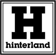 Логотип с большой чёрной буквой H и надписью hinterland внизу, выполненный в квадратной рамке.