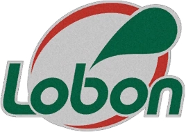 Логотип Lobon с зелёной надписью и стилизованным элементом в виде капли на светлом фоне, окружённый красной дугой.