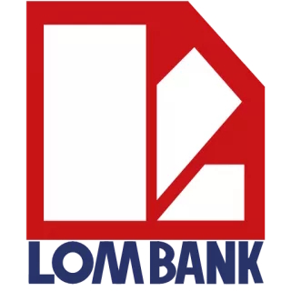 Логотип LOMBANK с крупными синими буквами и абстрактной красно-белой геометрической фигурой, напоминающей букву L.