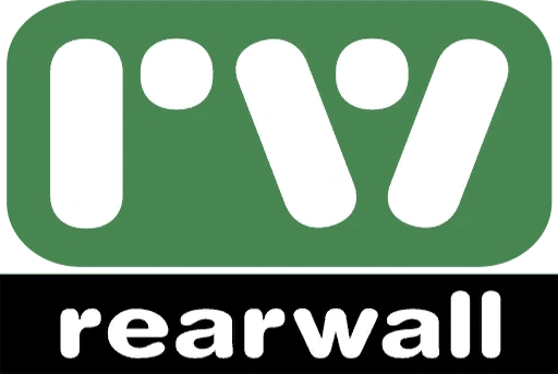 Логотип rearwall с зелёным прямоугольником, внутри которого стилизованные буквы rw, и белой надписью rearwall на чёрном фоне. Ключевая фраза: rearwall логотип.