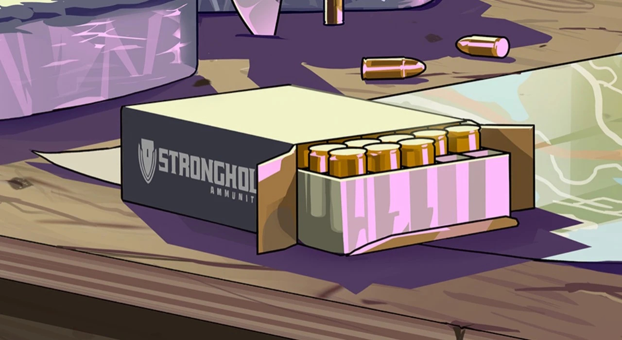Открытая коробка патронов Stronghold Ammunition лежит на деревянном столе, рядом несколько отдельных патронов и карта.