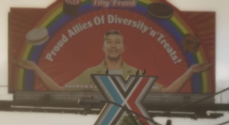 Рекламный щит с надписью Proud Allies Of Diversity 'n' Treats! на фоне радужной дуги, улыбающийся человек в центре, вокруг изображены сладости.