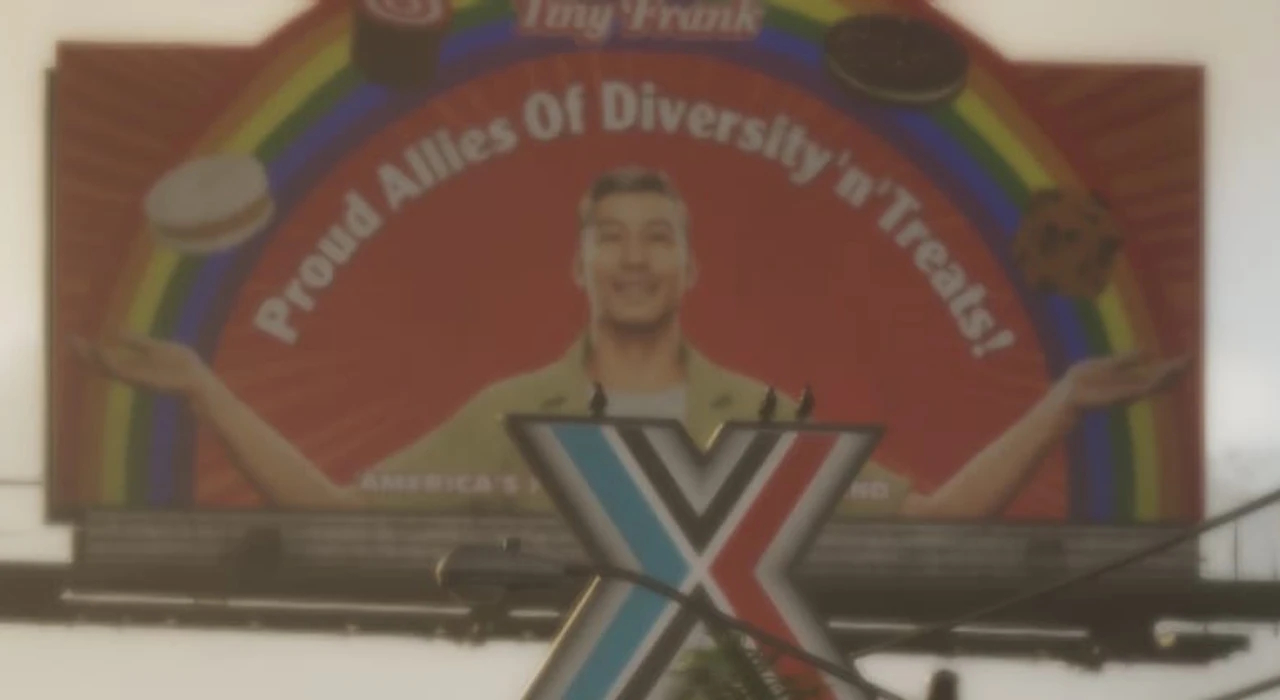 Рекламный щит с надписью Proud Allies Of Diversity 'n' Treats! на фоне радужной дуги, улыбающийся человек в центре, вокруг изображены сладости.