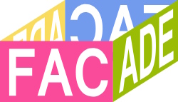 Цветная надпись FAC ADE на фоне разноцветных прямоугольников, ключевая фраза — facade, яркий современный дизайн.
