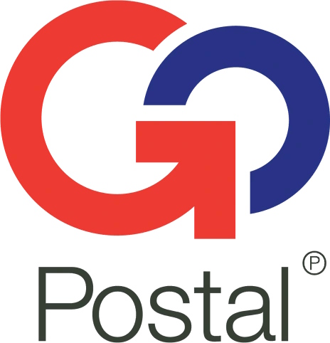 Логотип Go Postal с крупными буквами G и P, выполненными в красном и синем цветах, под которыми размещена надпись Postal чёрного цвета. Ключевая фраза: логотип Go Postal.