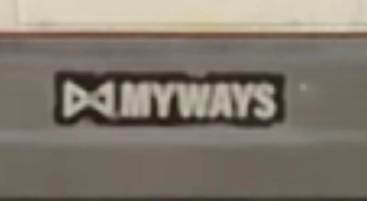 Надпись MYWAYS на черном фоне с белым логотипом слева, изображающим стилизованный бантик или галстук-бабочку. Надпись выполнена белыми буквами, фон вокруг надписи прямоугольный и выделяется на серой поверхности. Изображение слегка размытое, но текст хорошо различим. Возможно, это часть логотипа или брендовой наклейки, размещенной на транспортном средстве или оборудовании. Ключевая фраза: MYWAYS.