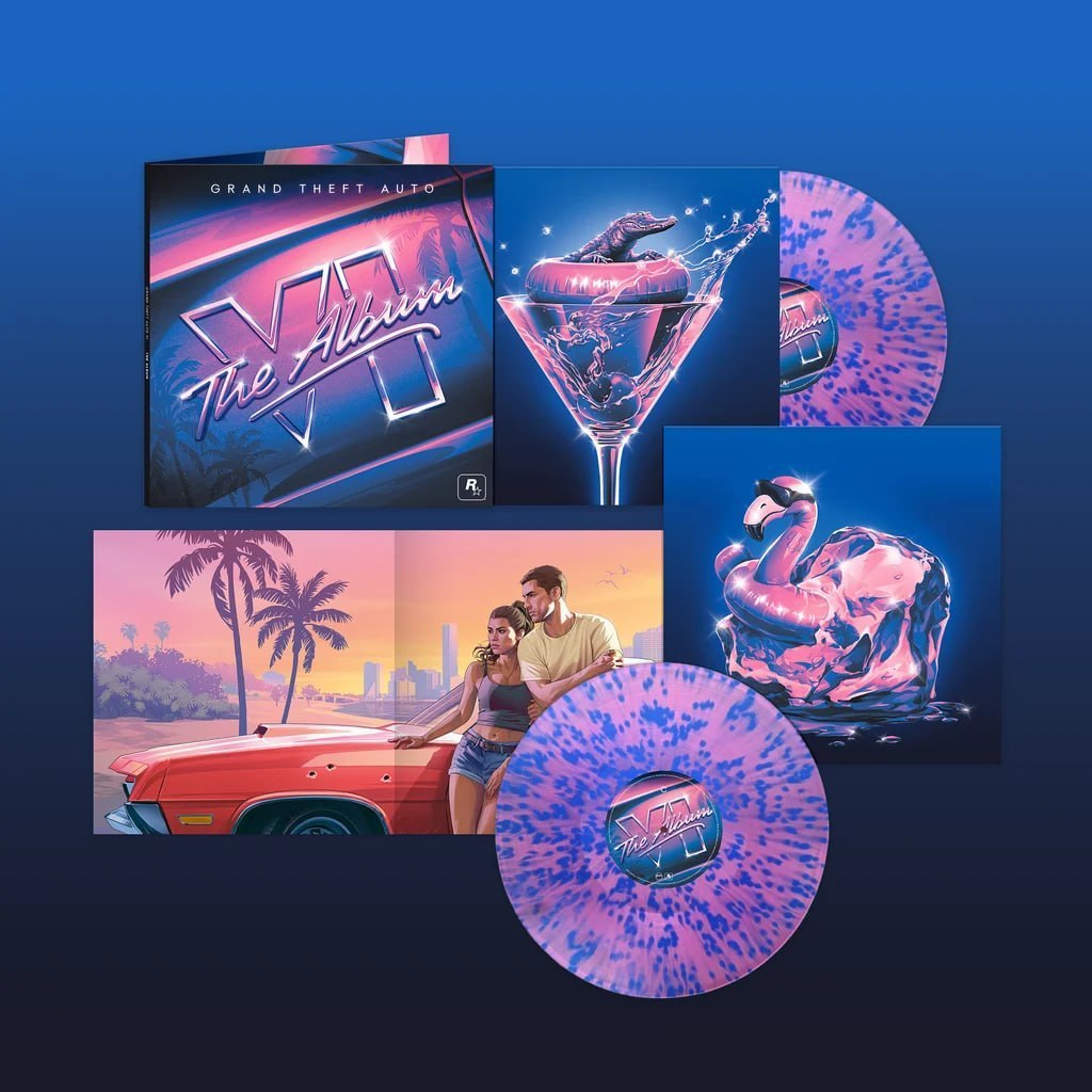 Виниловые пластинки с обложками в стиле ретровейв, надпись Grand Theft Auto VI The Album, коктейль с крокодилом, фламинго на льдине, пара у красного автомобиля на фоне пальм и заката.