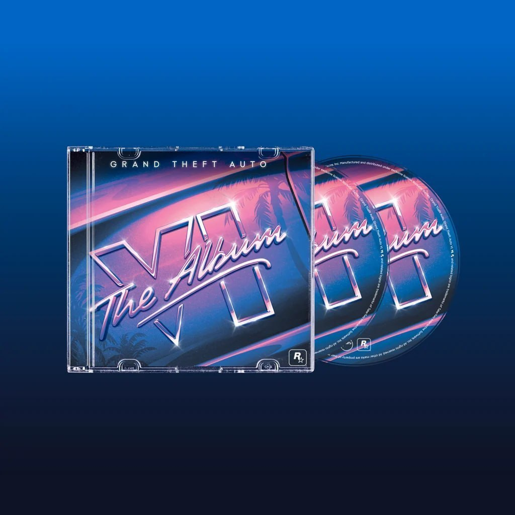 Обложка музыкального альбома Grand Theft Auto VI The Album в стиле ретро с двумя компакт-дисками на синем фоне, надпись выполнена неоновыми цветами.