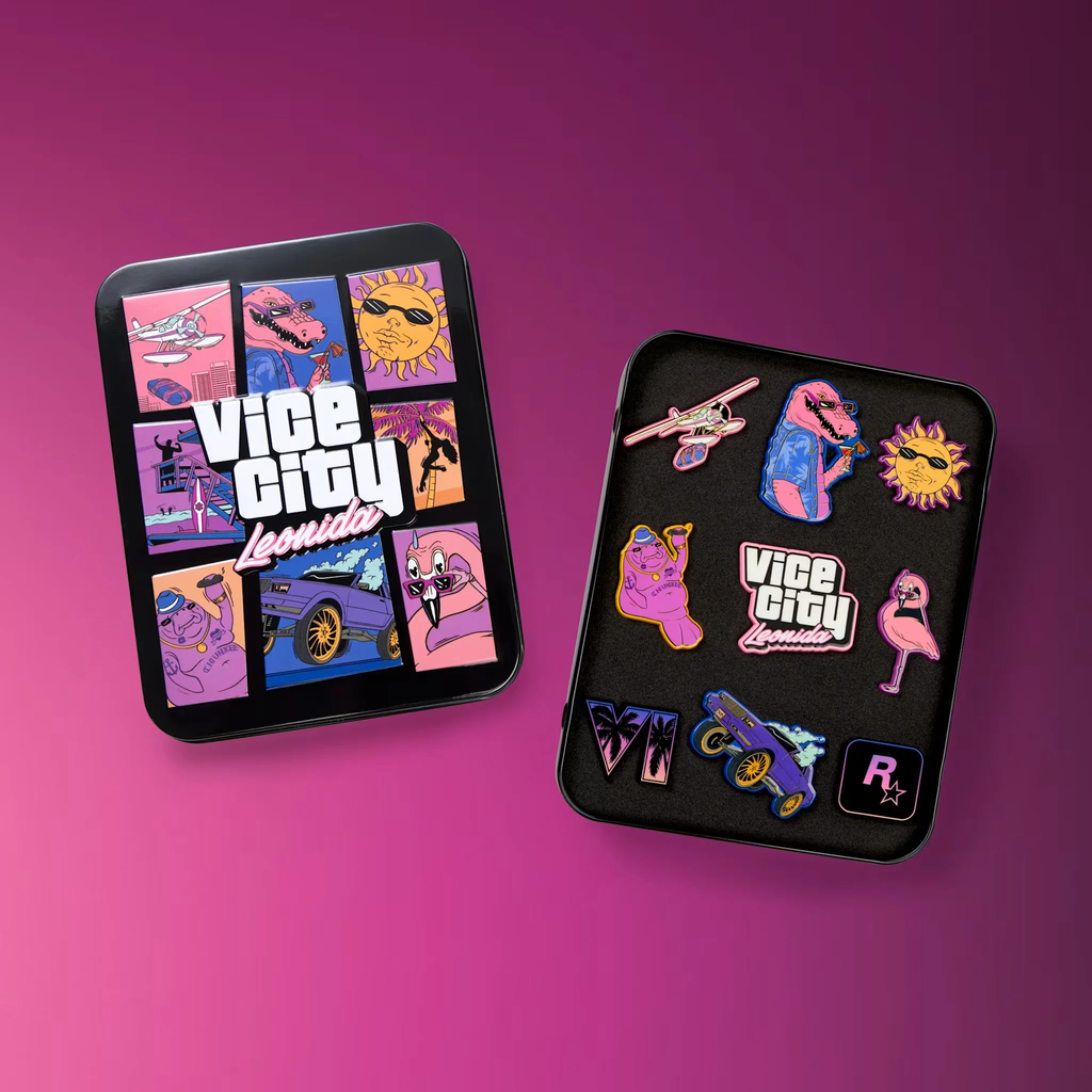 Коллекция значков Vice City Leonida с ретро-дизайном и фирменной коробкой. Набор значков Vice City Leonida в яркой коробке с иллюстрациями розового крокодила, солнца, фламинго, автомобиля и самолёта на фиолетовом фоне.