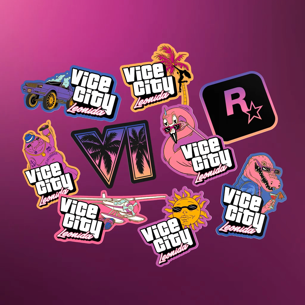 Стикеры Vice City с ретро-элементами, животными и символикой Rockstar. Набор ярких стикеров в стиле Vice City с надписями, ретро-автомобилем, самолетом, пальмами, крокодилом, фламинго и логотипом Rockstar Games на градиентном розово-фиолетовом фоне.