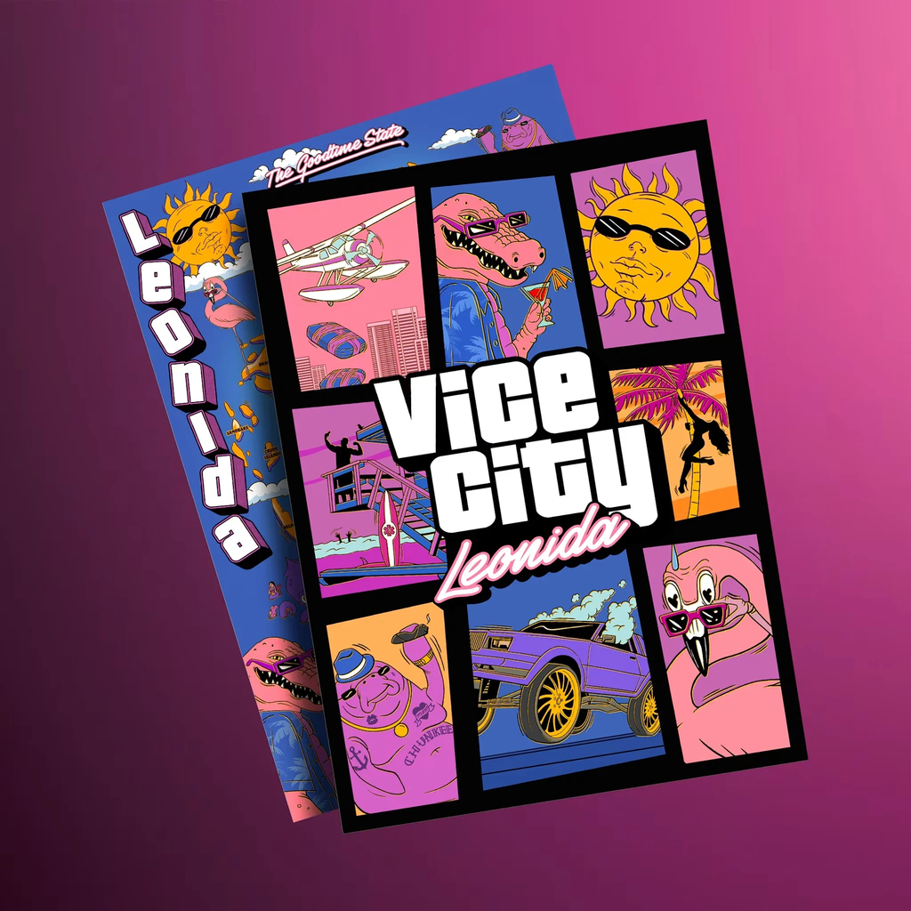 Яркие постеры Vice City Leonida с мультяшными героями и ретро атмосферой. Постеры в стиле Vice City с надписями Leonida и яркими иллюстрациями: крокодил, солнце в очках, самолет, фламинго, пальмы, автомобиль и персонажи в розово-фиолетовой гамме.