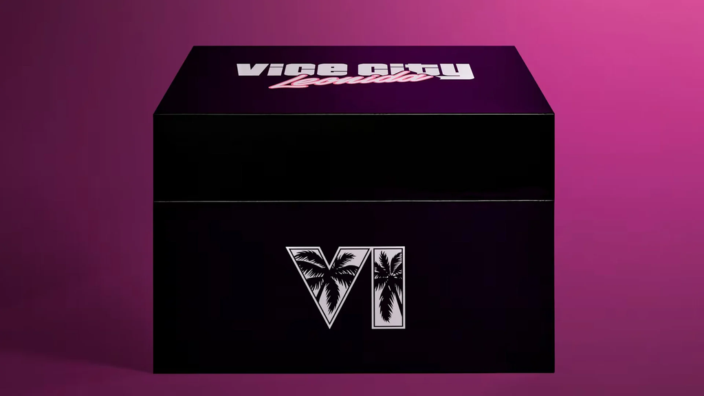 Подарочная коробка с логотипом VI и надписью Vice City Limited на фиолетовом фоне. Черная коробка с надписью Vice City Limited и логотипом VI с пальмами на фоне фиолетового градиента. Ключевая фраза: Vice City Limited.