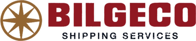 Логотип BILGECO SHIPPING SERVICES с изображением золотого компаса слева и крупной надписью BILGECO красного цвета, ниже — текст SHIPPING SERVICES черного цвета.