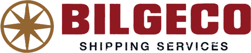 Логотип BILGECO SHIPPING SERVICES с изображением золотого компаса слева и крупной надписью BILGECO красного цвета, ниже — текст SHIPPING SERVICES черного цвета.