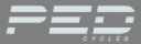 Логотип PED CYCLES на сером фоне, выполненный светлым шрифтом с горизонтальными полосами, современный стиль.