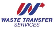 Логотип Waste Transfer Services с абстрактным символом в виде синей и красной ленты и стрелкой, указывающей вправо, а также текстом названия компании.