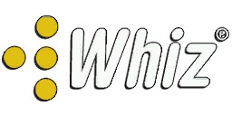 Логотип Whiz с четырьмя жёлтыми кругами слева и надписью Whiz справа на белом фоне.