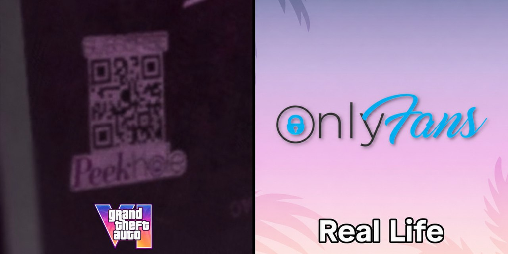 Сравнение Peeknote из GTA 6 и OnlyFans из реальной жизни, логотипы и надписи на фоне фиолетовых и розовых оттенков.